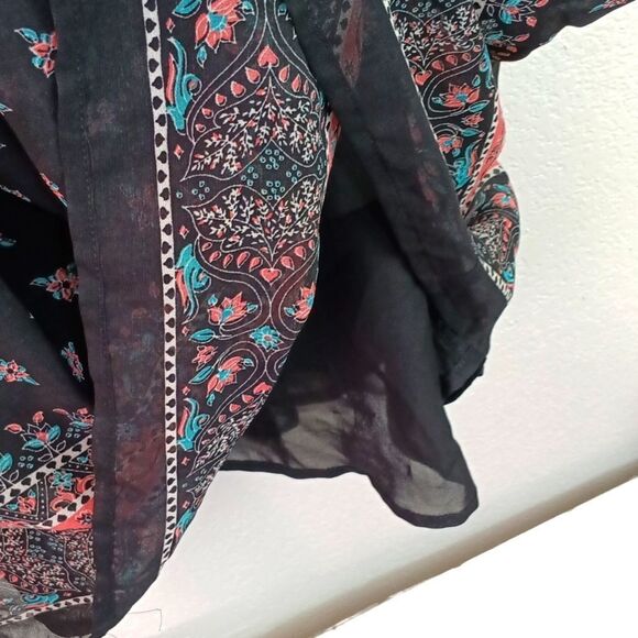 Womens Dark Floral Sheer Long Sleeve Boho Western Mini Dress / Belt sz L - Picture 8 of 14